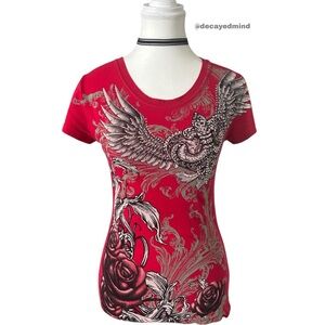 Y2K Grunge Style Red Fleur de Lis & Rose Graphic Rhinestone Fitted Shirt